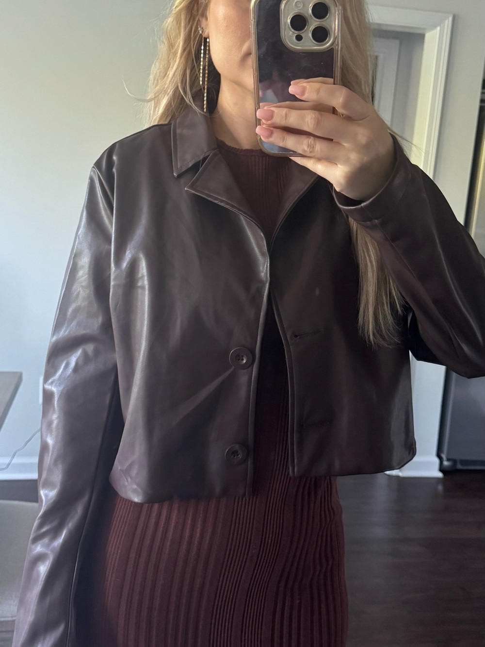 Cropped Brown Faux Leather Jacket - Women's - Picture 10 of 10